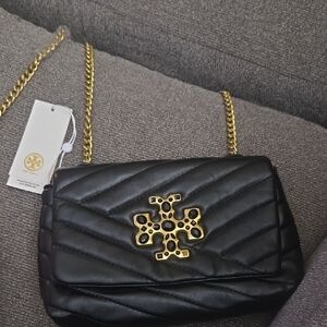 Tory Burch Black Quilted Crossbody Bag with Gold Chain
